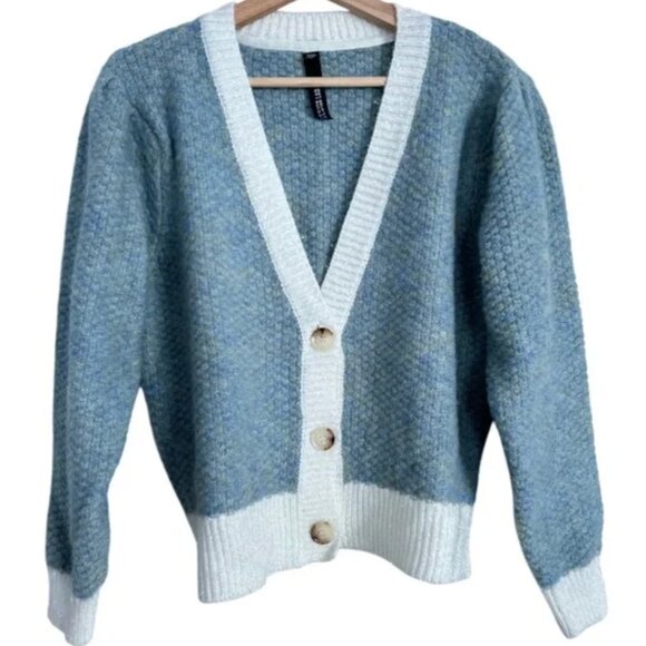 Design Lab Blue and White Knit Button Up Cardigan Sweater M - Picture 1 of 12